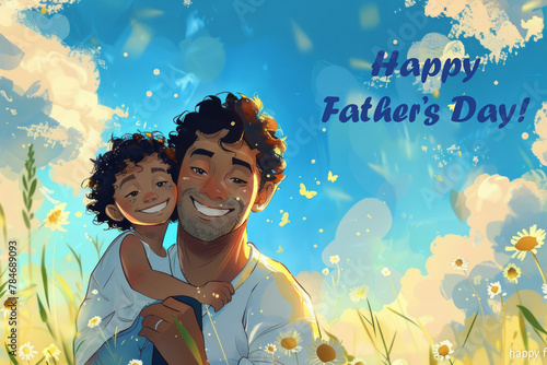Illustration of father and child standing and huging together, wallpaper poster card for celebration of international Father's day