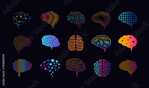 Brain icons. Psychology outline symbols. Neurology science. Cyber technology. Head in front view. Genius cerebrum. Logic and mind. Color gradient signs. Vector thin line pictograms set