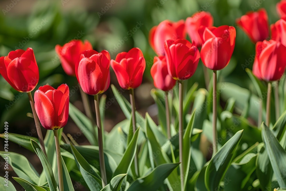 Vibrant Red Tulips in Full Bloom, Spring Beauty Captured. Fresh, Colorful Floral Outdoors Scene. Nature's Delight. Generative AI