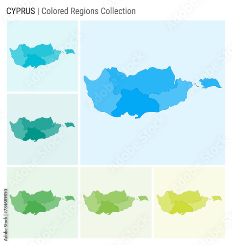 Cyprus map collection. Country shape with colored regions. Light Blue  Cyan  Teal  Green  Light Green  Lime color palettes. Border of Cyprus with provinces for your infographic. Vector illustration.