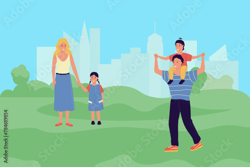 Parents and kids. Cartoon people walking with happy children. Family outdoor leisure. Stroll in meadow. Joyful mother and father together with babies. City park. Vector illustration