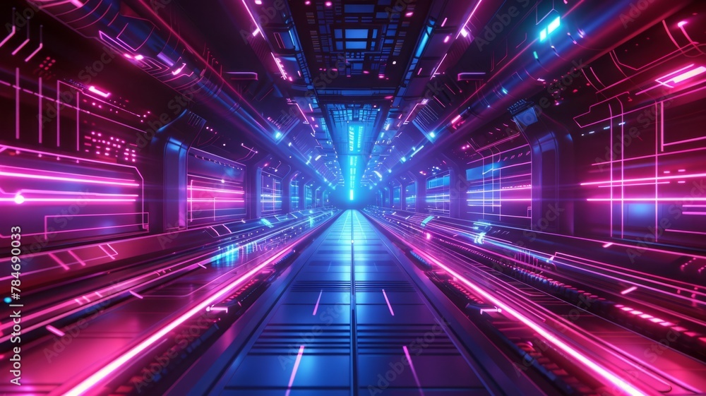 Vibrant sci-fi tunnel with neon lighting - A vibrant science fiction tunnel with intense neon lighting, creating a dynamic and electrifying atmosphere