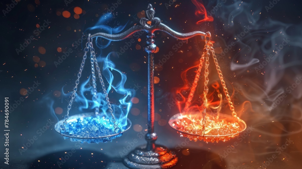 Balance scales with flames and ice as metaphors - An evocative image depicting balance scales with contrasting flames and ice, representing opposing forces and equilibrium - obrazy, fototapety, plakaty 