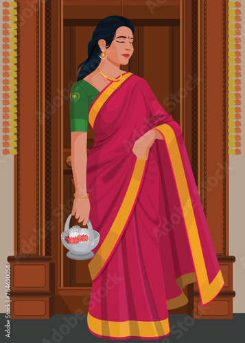 Indian woman In Saree, Going To Temple with traditional outfit