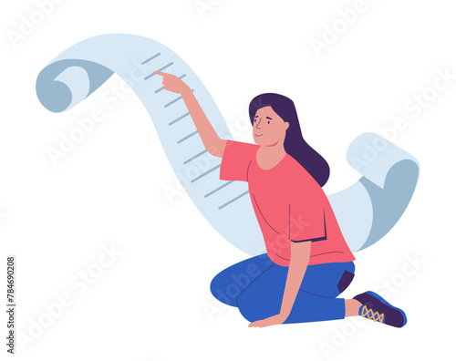 Creative people. Woman with paper scroll. Person reads document. Writing novel. Literature author. Copywriter or book editor. Contract signature. Student with curled page. Vector concept