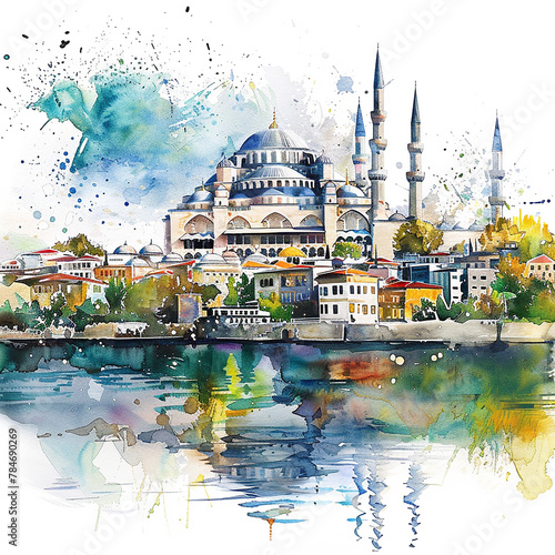 Istanbul A painting of a city with a large blue dome on top of a building. The painting is of a city with a river running through it. photo