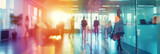 Business office with blurred people casual wear, with blurred bokeh background. Rainbow colours pride month marketing banner concept. Light leaks