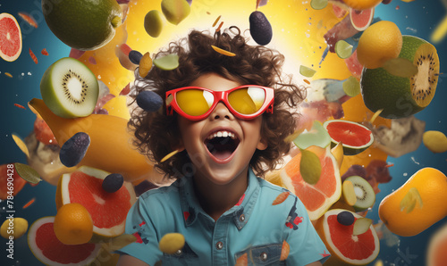 Fototapeta Naklejka Na Ścianę i Meble -  Happy kid on colorful fruits background, concept of fruit world, generated ai