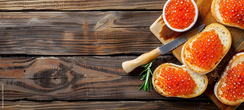 bread with red caviar and butter. On a wooden background. View from above. place for text. generative ai bread with red caviar and butter. On a wooden background. View from above. place for text. generative ai