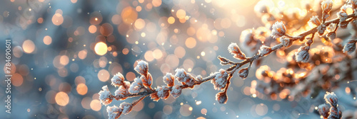 Winter Wonderland: Frost-Covered Branches Against Sparkling Bokeh Background
