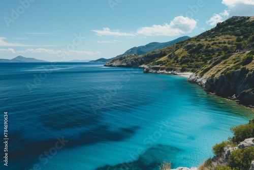 A scenic landscape featuring a body of water encircled by verdant hills, showcasing the natural beauty of the surroundings, A vast scenery with deep blue waters and sandy shores, AI Generated