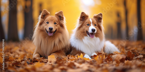 Autumn Bliss: Two Shetland Sheepdogs Amidst Golden Leaves © smth.design