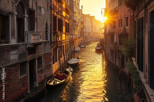 The sun sets over a canal in Venice, casting a warm glow on the water and buildings, A Venetian canal during the golden hour, AI Generated