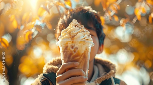 Person holding a whipped cream-topped iced coffee against an autumnal backdrop