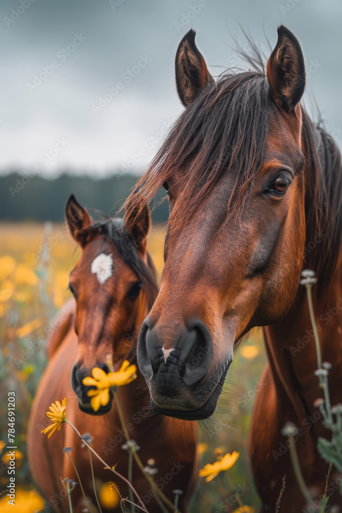 Obraz premium Majestic Horses in Blooming Wildflower Meadow