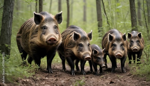 A Family Of Boars Rooting Through The Underbrush