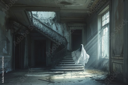 A ghostly apparition gracefully descends a set of stairs in a haunting manner, A Victorian era ghost hovering in an abandoned mansion, AI Generated