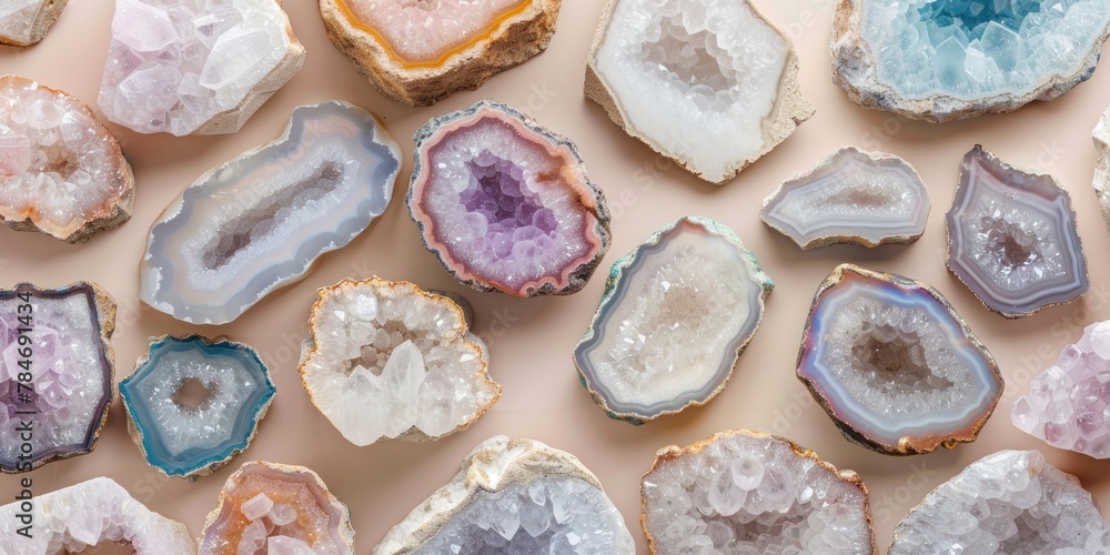 a variety of geode slices with soft pastel hues and rough edges, suitable for educational content on geology or as decorative elements in design projects. a variety of geode slices with soft pastel hues and rough edges, suitable for educational content on geology or as decorative elements in design projects.