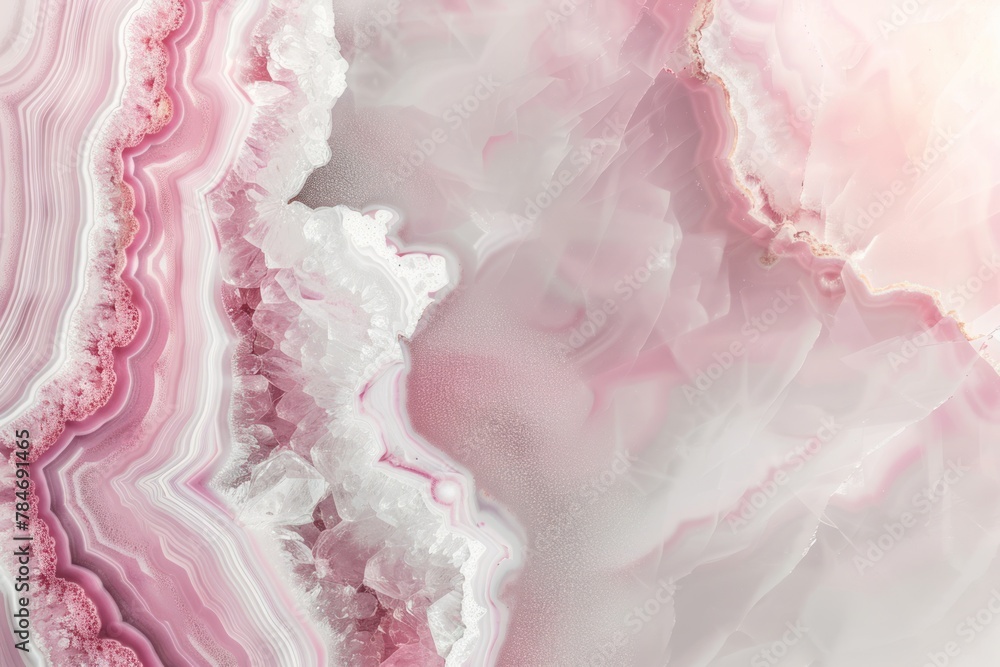 A marbled design of a geode cross-section with soft pink layers and crystal formations that could be used as a stylish wallpaper or for elegant textile prints.