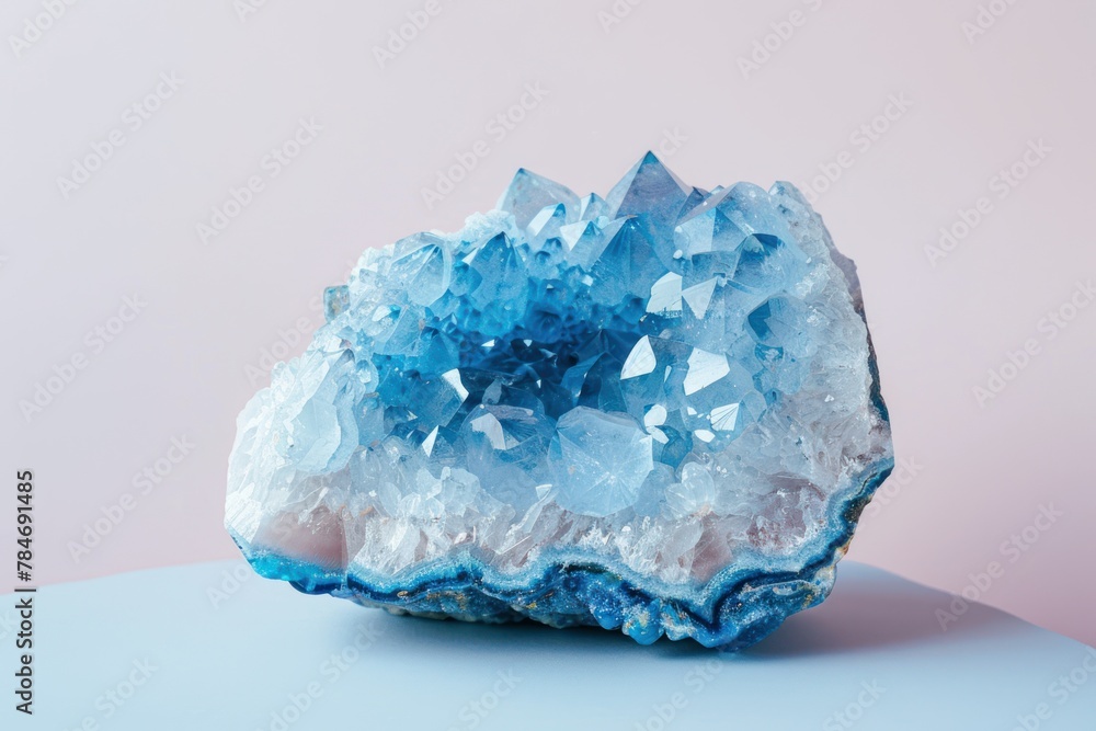 A crystal cluster of light blue geode on a soft pastel background ...
