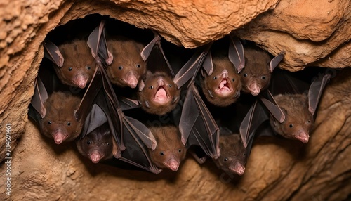 A Group Of Bats Roosting Together In A Cave photo