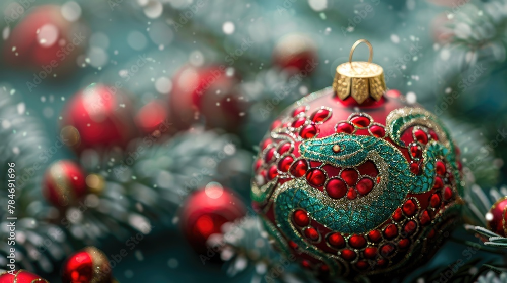 High-resolution close-up of a vibrant red and green Christmas bauble featuring a glittering snake pattern, symbolizing prosperity for the New Year High-resolution close-up of a vibrant red and green Christmas bauble featuring a glittering snake pattern, symbolizing prosperity for the New Year
