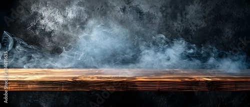 Mystical Wooden Table with Swirling Smoke on Dark Backdrop. Concept Backdrop Photography, Wooden Table, Smoke Effects, Mystical Settings, Dark Aesthetic