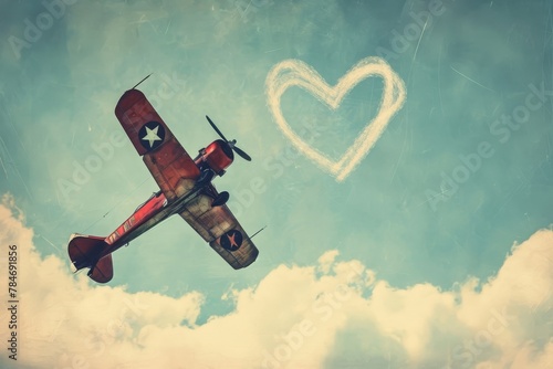 A small plane is seen soaring through the sky with a heart-shaped design painted on its exterior, A vintage airplane skywriting a heart, AI Generated photo