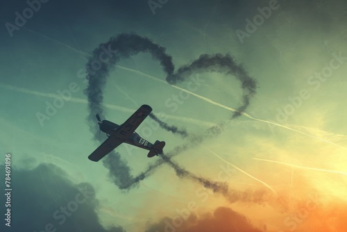 An airplane flies in the sky, leaving behind a heart-shaped smoke trail, A vintage airplane skywriting a heart, AI Generated photo