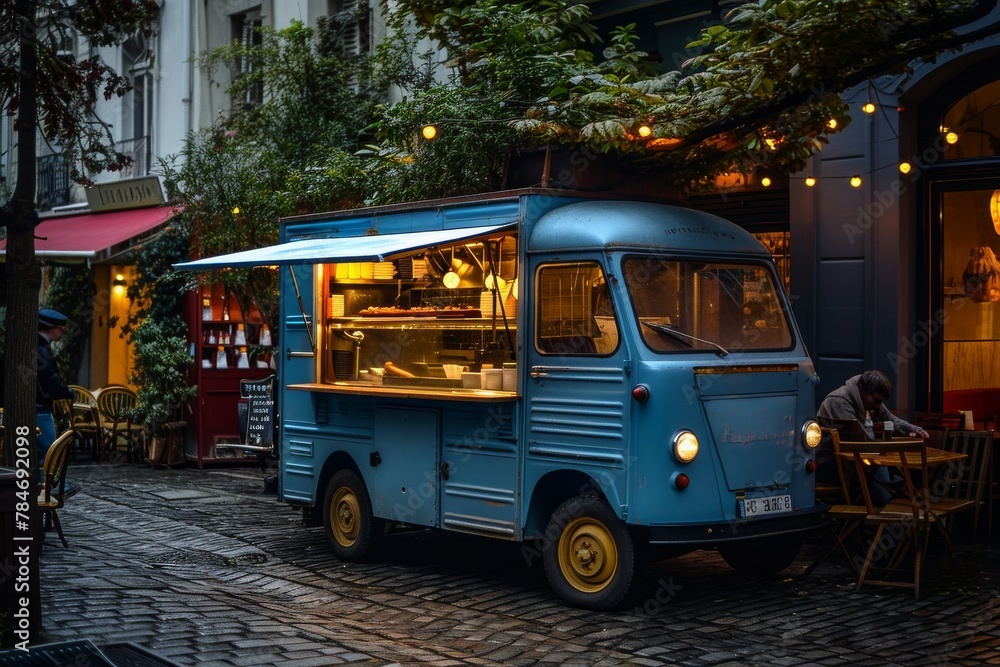 A food truck is parked on a cobblestone street, offering a variety of meals to customers, A vintage food truck in the cobblestone streets of Europe, AI Generated