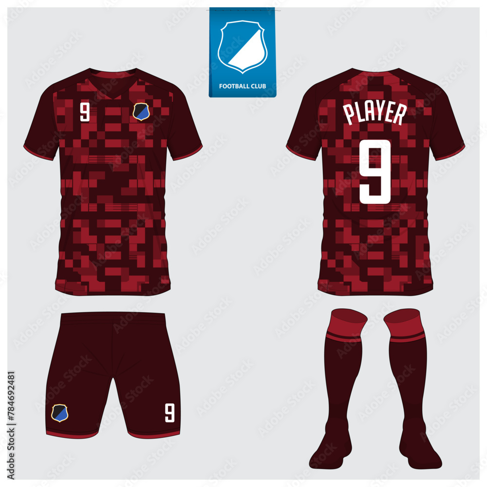Naklejka premium Soccer jersey or football kit mockup design for football club. Football shirt, short, sock template. Soccer uniform in front view, back view. Football logo in flat design.
