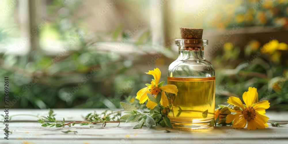 Natural Herbal Essence with Yellow Flowers and Greenery - obrazy, fototapety, plakaty 