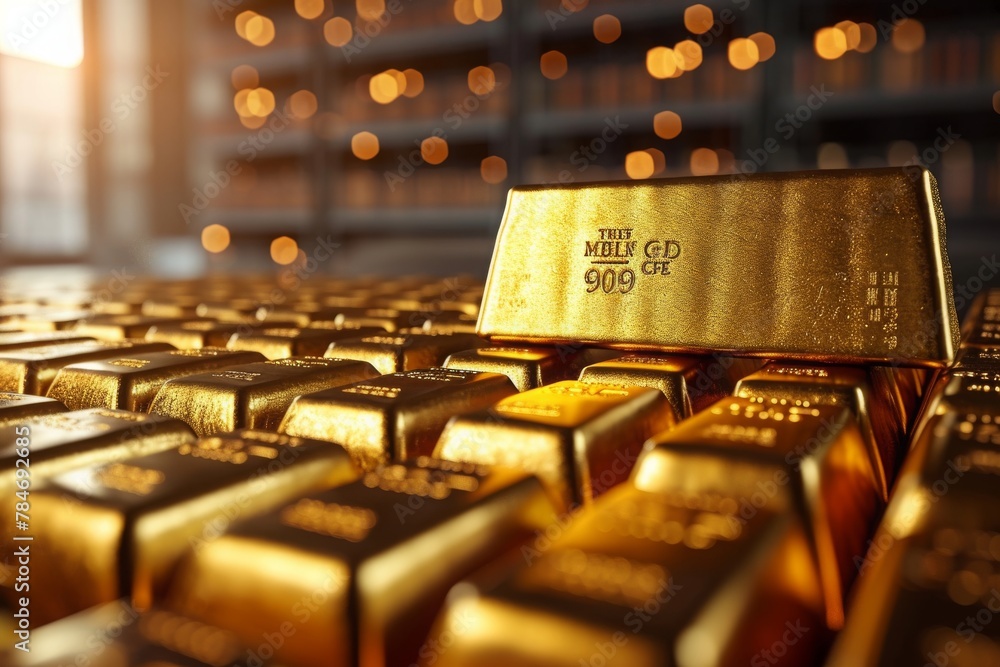 A row of gold bars neatly arranged on top of each other, showcasing their striking metallic shine and value, A visual tracking of gold prices over time, AI Generated A row of gold bars neatly arranged on top of each other, showcasing their striking metallic shine and value, A visual tracking of gold prices over time, AI Generated