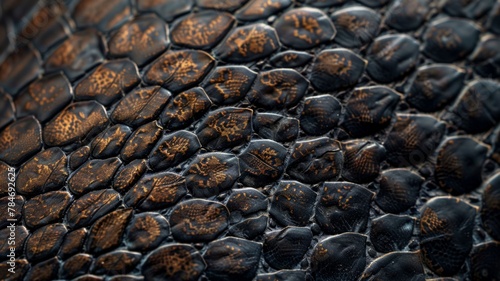 Close-up of black reptilian textured skin - This image captures the intricate details and patterns of a reptile’s black scaly skin, highlighting its unique texture and markings