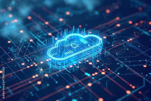 A blue cloud hovers in the foreground while a circuit board is visible in the background, A visual representation of the encryption process in cloud storage, AI Generated