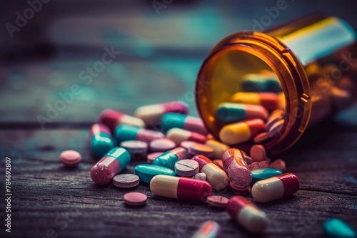 Pills Spilling Out of a Bottle Onto a Wooden Table, A visually metaphorical representation of the healing properties of prescription opioids, AI Generated