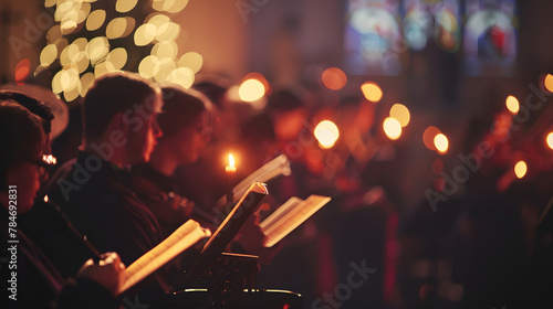 A group of believers singing hymns during a church service, spiritual practices of Christians, bokeh photo