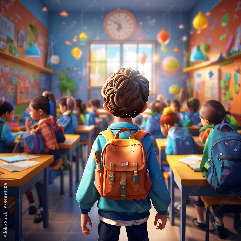 Obraz premium Kindergarten child back to school classroom for early education lecture concept poly cartoon style