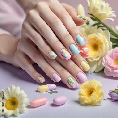 In the tranquil ambiance of a spa  a woman indulges in a rejuvenating manicure  her hands delicately cared for amidst a backdrop of soft pink hues and fragrant flowers.
