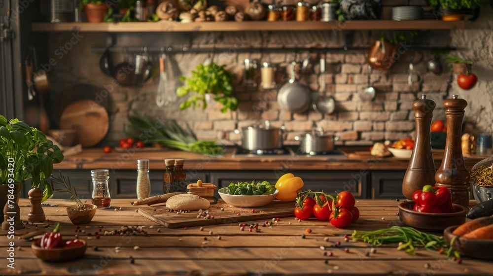 Vegetables on a wooden table in the kitchen. Healthy lifestyle - obrazy, fototapety, plakaty 