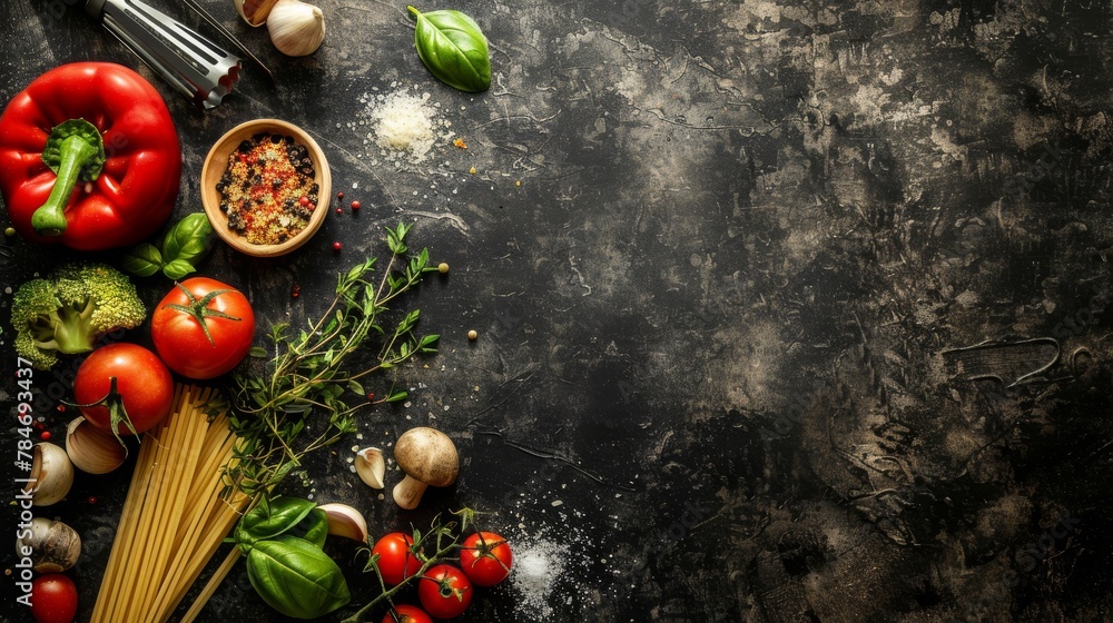 Food ingredients and spices on dark background. Top view with copy space - obrazy, fototapety, plakaty 