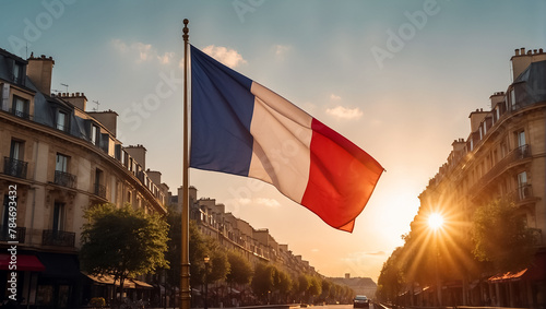 French flag against the background of the city of Paris sunlight photo