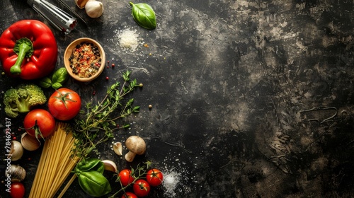 Food ingredients and spices on dark background. Top view with copy space photo