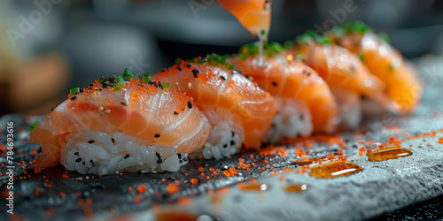 Gourmet Salmon Nigiri Sushi Elegantly Presented on Slate