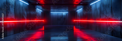 Futuristic concrete corridor background, dark garage with grey walls and red neon led light, warehouse or hallway of modern building. Concept of hall, future, ski-fi, interior, industry.