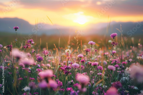 Serene Sunset Meadow with Blooming Wildflowers