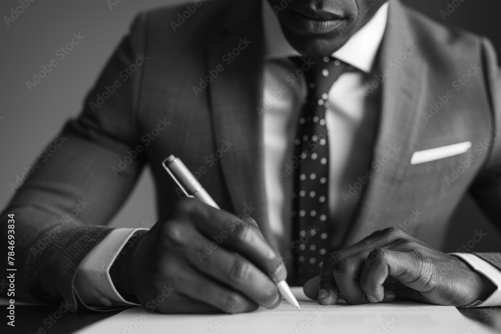 Close-up of a businessman's hands signing crucial papers, embodying professionalism and commitment.. - obrazy, fototapety, plakaty 