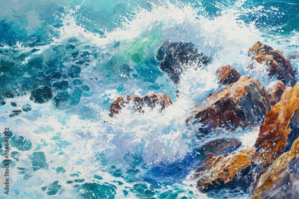 A painting depicting the force of waves as they crash against rocks in the ocean, A vivid portrayal of crashing sea waves against cliff rocks, AI Generated