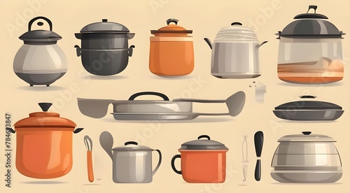 A collection of various pots and pans in different vibrant colors. Suitable for use in a modern kitchen or for food-related designs