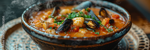 Aromatic Seafood Stew in a Rustic Pot with Steam Rising